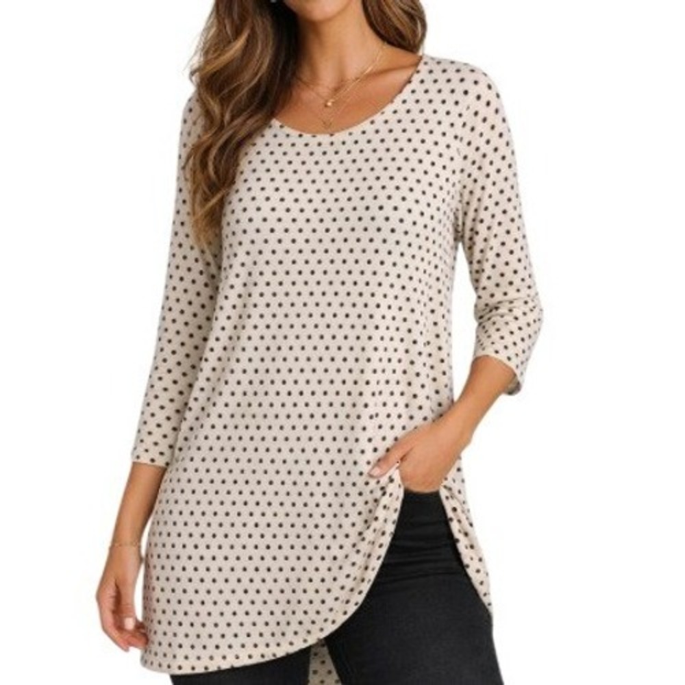 Grayson Polka Dot Tunic Top Womens S Cream‎ Black 3/4 Sleeve Stretch Minimalist